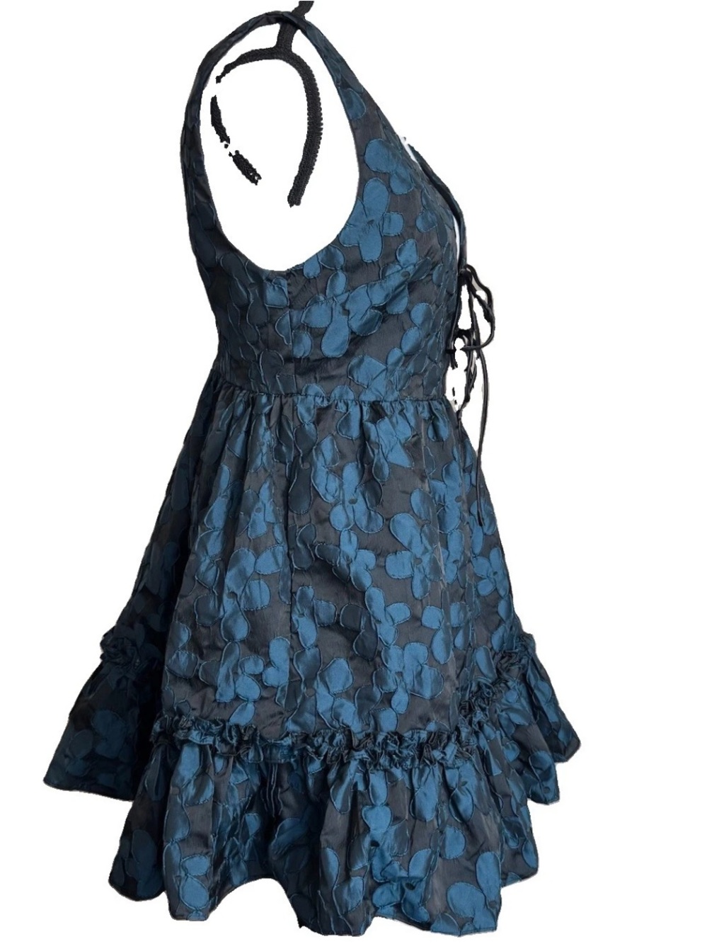 MUSTARD SEED FIT FLARE BABY DOLL MINI DRESS SMALL BLACK BLUE FLORAL POCKETS NEW - Picture 4 of 10